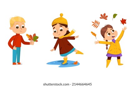 Cute Little Girl with Autumn Leaves Enjoying Fall Season Walking Outdoor Vector Set