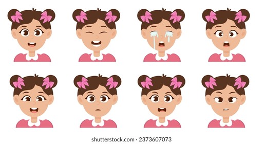 Cute little girl avatar with ponytail hairstyle and different facial expression	