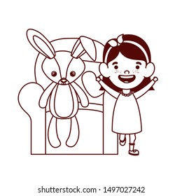 cute little girl baby in living room with rabbit toy character