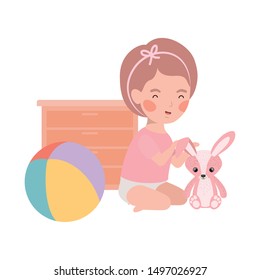 cute little girl baby with rabbit stuffed toy character