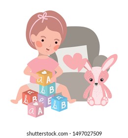 cute little girl baby with rabbit stuffed in sofa character