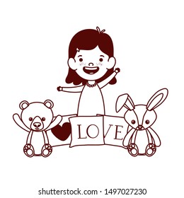 cute little girl baby with stuffed bear and rabbitt