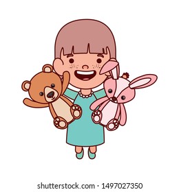 cute little girl baby with stuffed bear and rabbitt