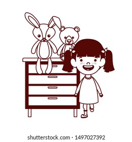 cute little girl baby with stuffed bear and rabbit in drawer