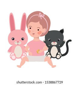 cute little girl baby with stuffed rabbit and cat character vector illustration design