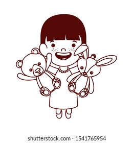 cute little girl baby with stuffed bear and rabbitt vector illustration design