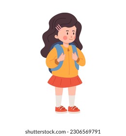 Cute little girl with backpack flat style, vector illustration isolated on white background. Decorative design element, smiling child, school and education