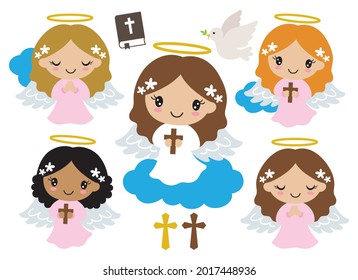 Cute little girl baptism angels praying and holding cross vector illustration.