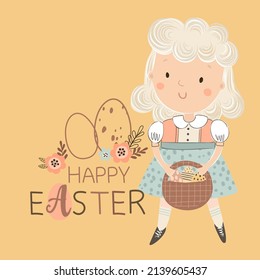 Cute little girl with basket, Easter eggs and flowers on yellow background. Happy Easter hand drawn vector illustration.