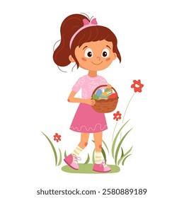 Cute little girl with basket of easter eggs. Joyful hunting for Easter eggs during holiday festivities. Ideal vector illustration, character design for typography, greeting cards, flyers, invitations