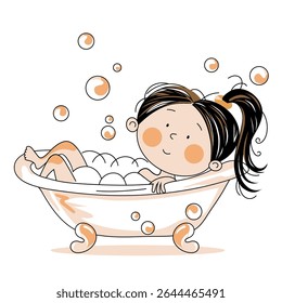 Cute little girl bathing in bubble bath. Vector illustration