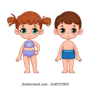 Pequeña y educada con traje de baño y un niño con baúles de natación. Set de niños con ropa de playa. Familia, hermano y hermana. Ilustración infantil de un niño. Ilustración vectorial en estilo de caricatura