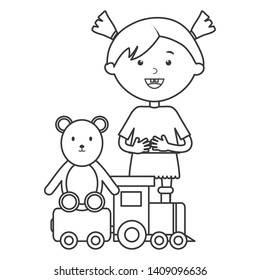 cute little girl with bear teddy and train
