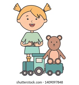 cute little girl with bear teddy and train