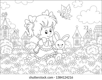 Cute little girl in a beautiful dress sitting with a small toy rabbit among flowers on a lawn against a background of a small town, black and white vector illustration in a cartoon style