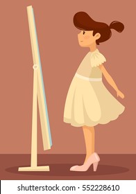 Cute little girl in a beautiful dress and mother's shoes, looking at herself in the mirror. Vector cartoon illustration. Character