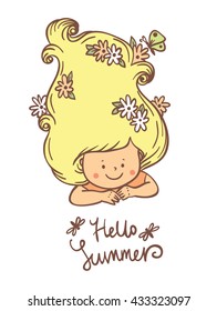 Cute Little girl. Beautiful greeting card in vector. Hello summer