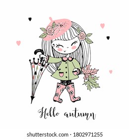 A cute little girl in a beret walks in autumn with a large umbrella. Vector.