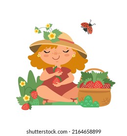 Cute little girl with berries. Funny female kid sitting on green lawn, holding fresh strawberry. Happy cartoon child in summer hat with basket full of berry. Vector illustration, flat design.  