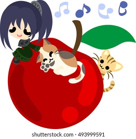 A cute little girl and the big apple and pretty cats
