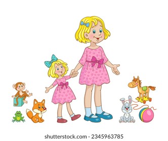 Cute little girl with a big beautiful doll surrounded by toys. In cartoon style. Isolated on white background. Vector illustration