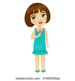 Cute little girl with big blue eyes stands and eating ice cream