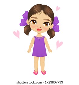 Cute little girl with big eyes smiles, stands in a purple dress and with bows on her hair