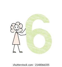 cute little girl with big green number six, numbers for kids, simple doodle hand pencil drawn vector illustration