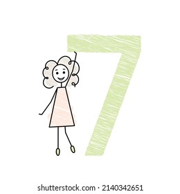 cute little girl with big green number seven, numbers for kids, simple doodle hand pencil drawn vector illustration