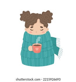 Cute little girl in a big knitted scarf drink tea in winter season. Cartoon child drinking hot chocolate wearing warm clothes