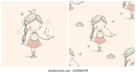 Cute little  girl and bird with seamless pattern. hand drawn vector illustration. Can be used for baby t-shirt print, fashion print design, kids wear