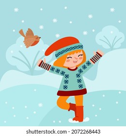 Cute little girl with bird are walking  in winter landscape. Happy kid in warm sweater and Santa hat,  funny robin and snow.  Cartoon characters outdoor. Hand drawn vector illustration, flat design