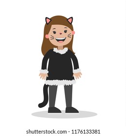 Cute little girl in a black cat costume. Halloween party outfit for children. Kid with whiskers and ears. Isolated vector flat illustration