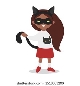 Cute little girl in a black cat costume. Halloween party outfit for children. Kid with whiskers and ears. Isolated flat illustration