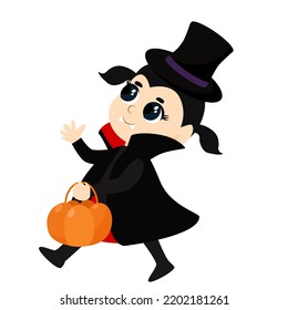 A cute little girl with black hair dressed in a vampire or Count Dracula costume walks merrily with a candy pumpkin basket. Halloween character in cartoon style for theme design.