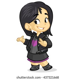 Cute little girl with black hair dressed in black smiling and presenting. Vector cartoon rock'n'roll fan character 