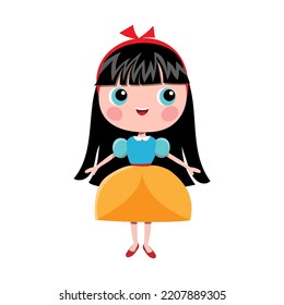 cute little girl with black long hair on the white background in dress