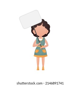 Cute little girl with blank banner and space for your text. Design in cartoon style. Vector illustration.