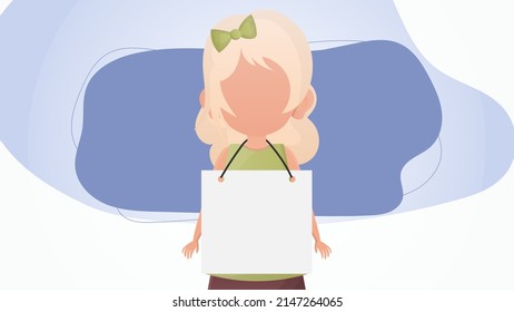 Cute little girl with a blank banner. Design in cartoon style. Vector.