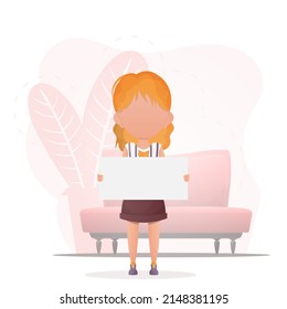 Cute little girl with a blank poster for your text. Design in cartoon style. Vector illustration.