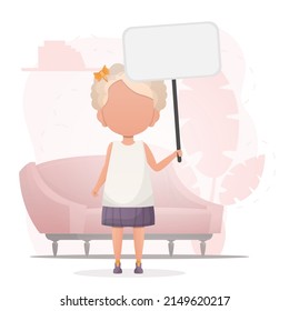 Cute little girl with a blank poster for your text. Design in cartoon style. Vector illustration.