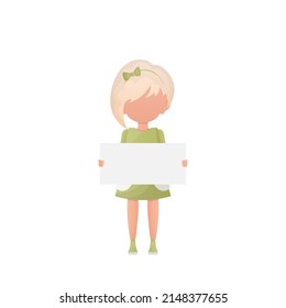 Cute little girl with blank white banner and space for your text. Design in cartoon style. Vector illustration.