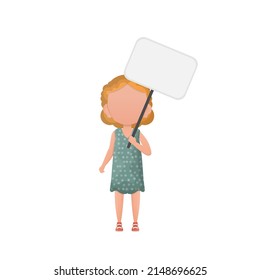 Cute little girl with blank white banner and space for your text. Cartoon style. Vector illustration.