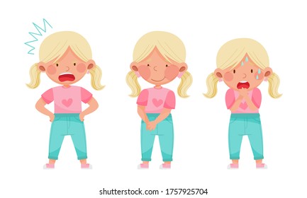 Cute Little Girl with Blonde Hair Demonstrating Different Gestures and Facial Expressions Vector Set