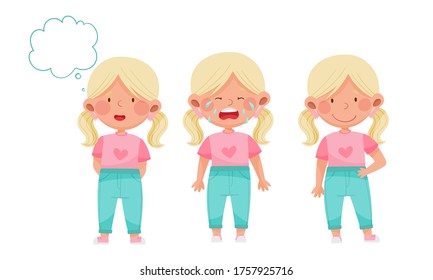 Cute Little Girl with Blonde Hair Demonstrating Different Gestures and Facial Expressions Vector Set