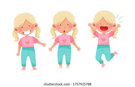 Cute Little Girl with Blonde Hair Demonstrating Different Gestures and Facial Expressions Vector Set