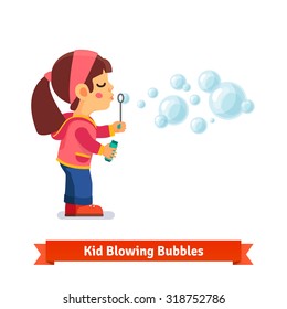 Cute little girl blowing soap bubbles through wand and holding bottle with solution in other hand. Flat style vector cartoon illustration isolated on white background.