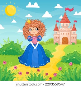 Cute little girl in a blue beautiful dress stand on a background of a castle in a green meadow. Vector illustration in a cartoon style.