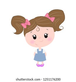 Cute little girl in blue dress with red bows. Childhood concept. Vector illustration can be used for topics like kindergarten, primary school, child care