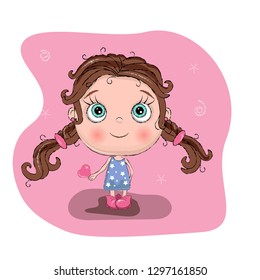 cute little girl with blue dress hold hart, adorable baby cartoon background. Greeting card. vector illustation.